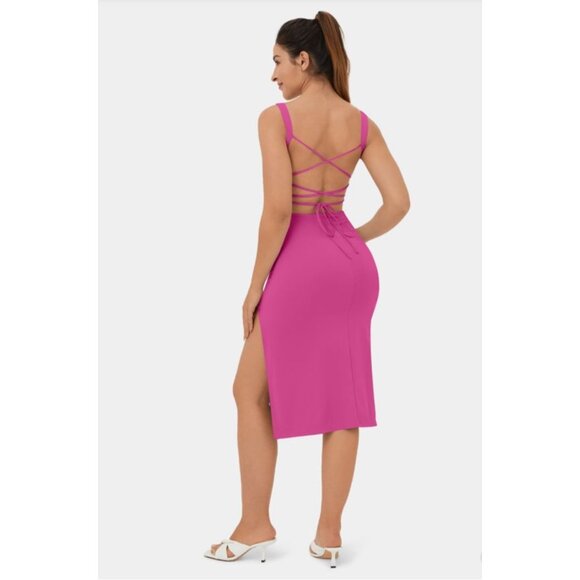 Halara Ruched Backless Crisscross Midi Dress Sz Medium Womens Pink Lace Up Split - Picture 2 of 13